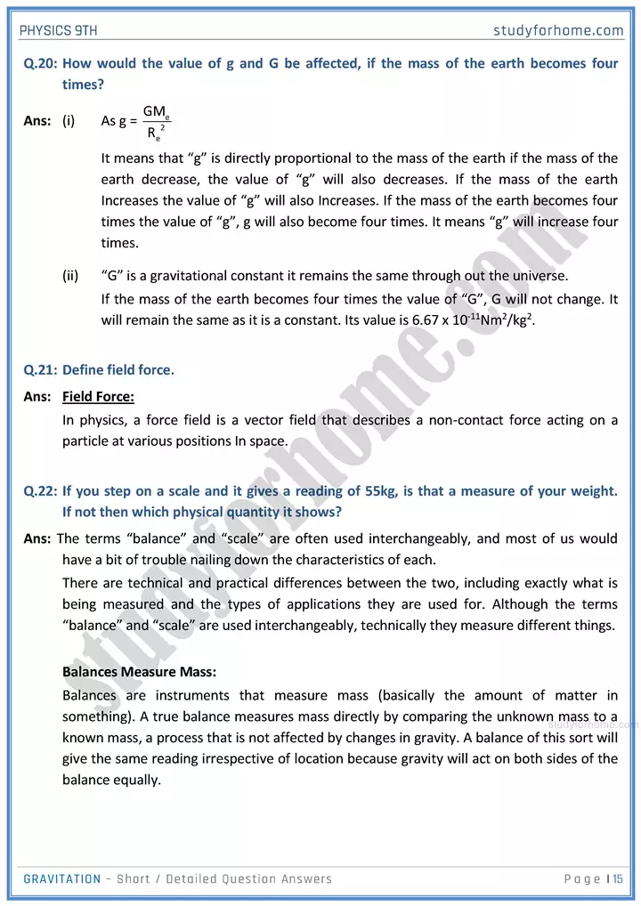 gravitation short and detailed answer questions physics class 9th 15