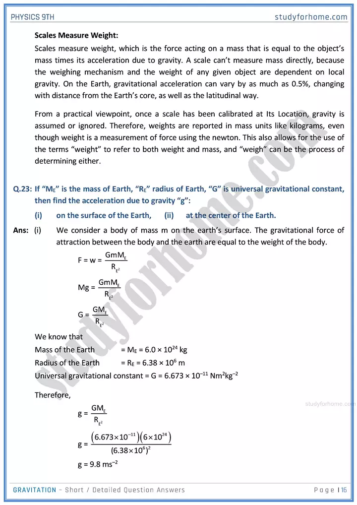 gravitation short and detailed answer questions physics class 9th 16