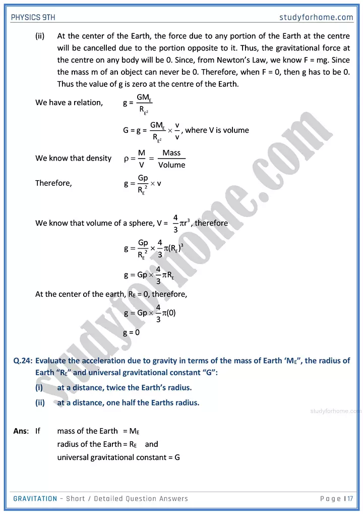 gravitation short and detailed answer questions physics class 9th 17