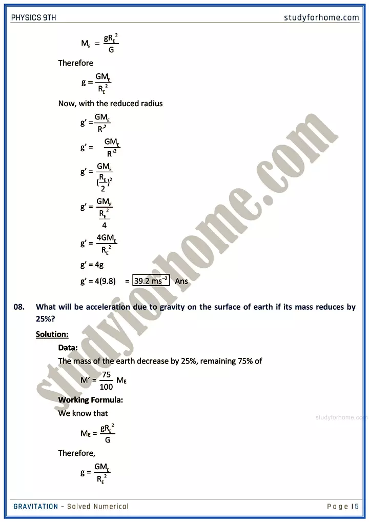 gravitation solved numerical physics class 9th 05