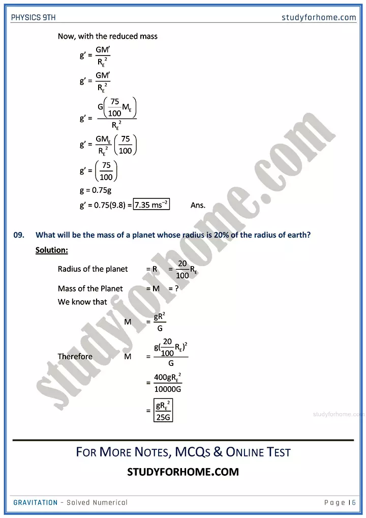 gravitation solved numerical physics class 9th 06