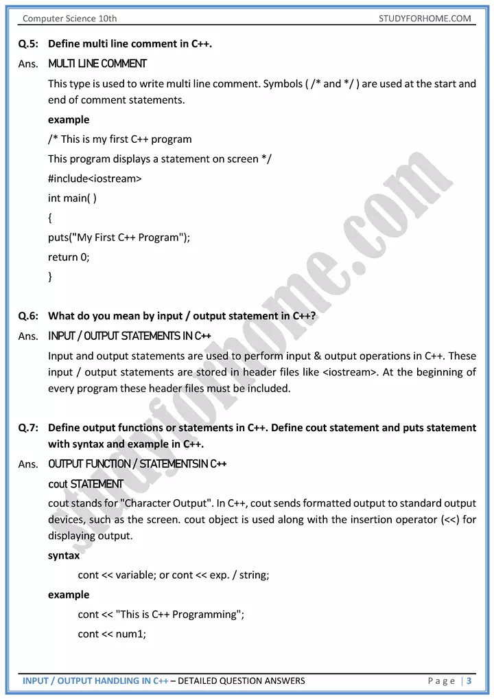 input output handling in c++ detailed question answers computer science class 10th 03