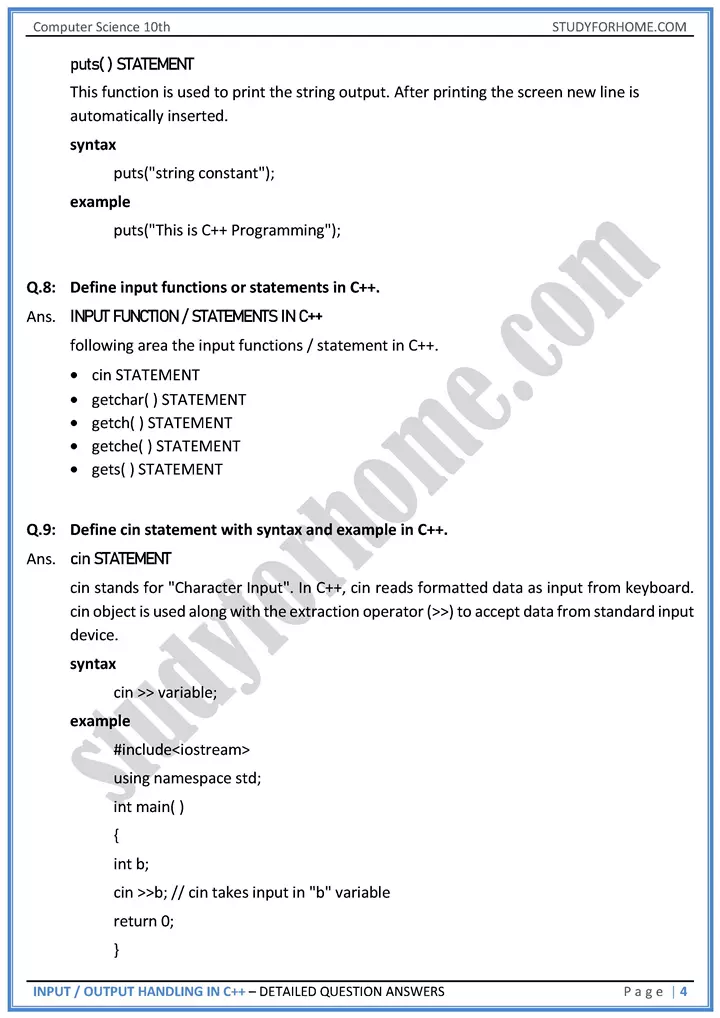 input output handling in c++ detailed question answers computer science class 10th 04