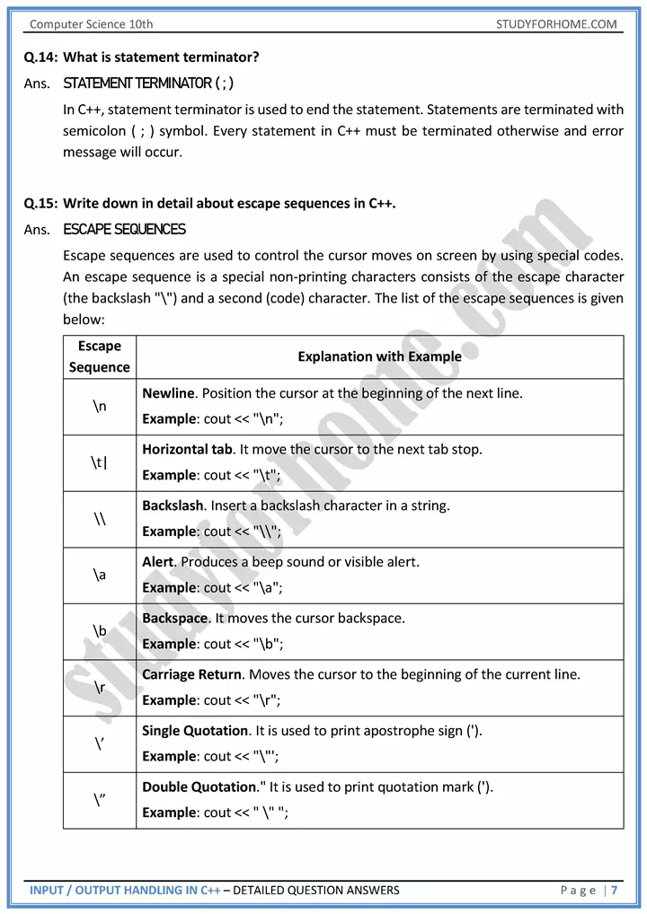 input output handling in c++ detailed question answers computer science class 10th 07