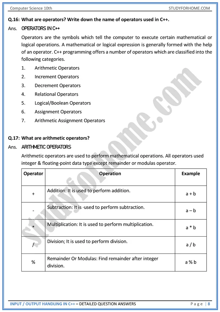 input output handling in c++ detailed question answers computer science class 10th 08