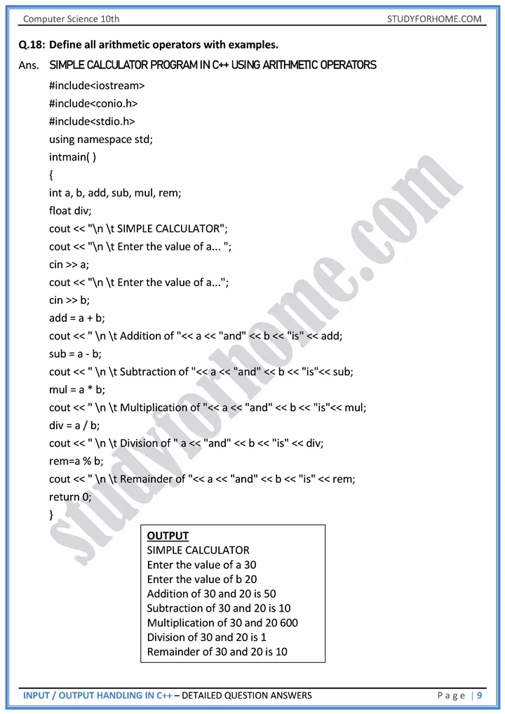 input output handling in c++ detailed question answers computer science class 10th 09