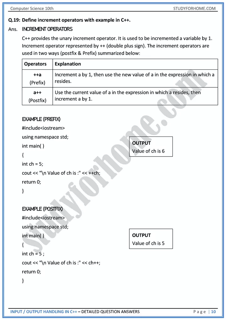 input output handling in c++ detailed question answers computer science class 10th 10