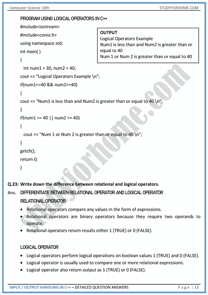 input output handling in c++ detailed question answers computer science class 10th 13