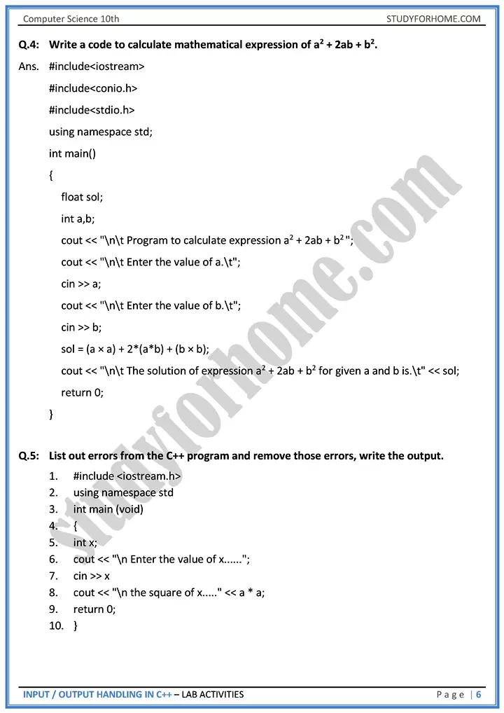 input output handling in c++ lab activities computer science class 10th 06