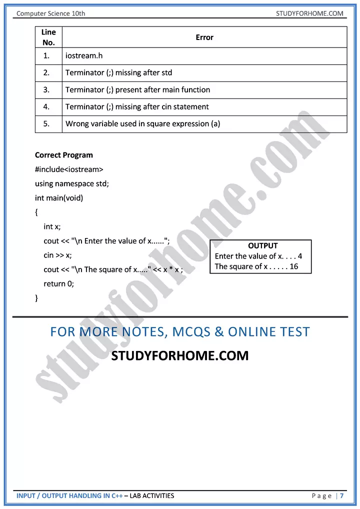 input output handling in c++ lab activities computer science class 10th 07