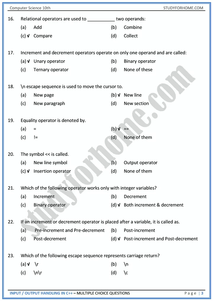 input output handling in c++ multiple choice questions computer science class 10th 03