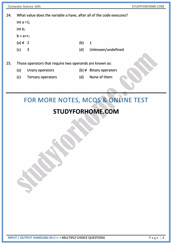 input output handling in c++ multiple choice questions computer science class 10th 04