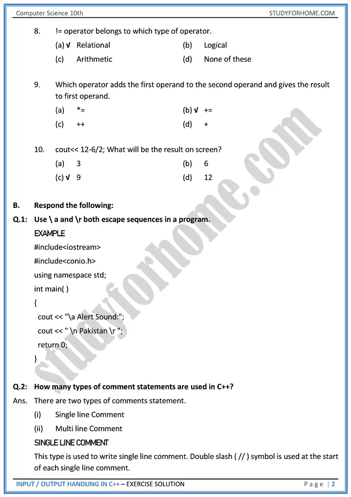 input output handling in c++ solution of book exercise computer science class 10th 02