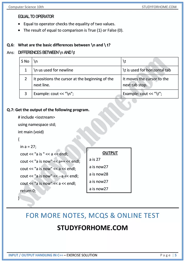 input output handling in c++ solution of book exercise computer science class 10th 05