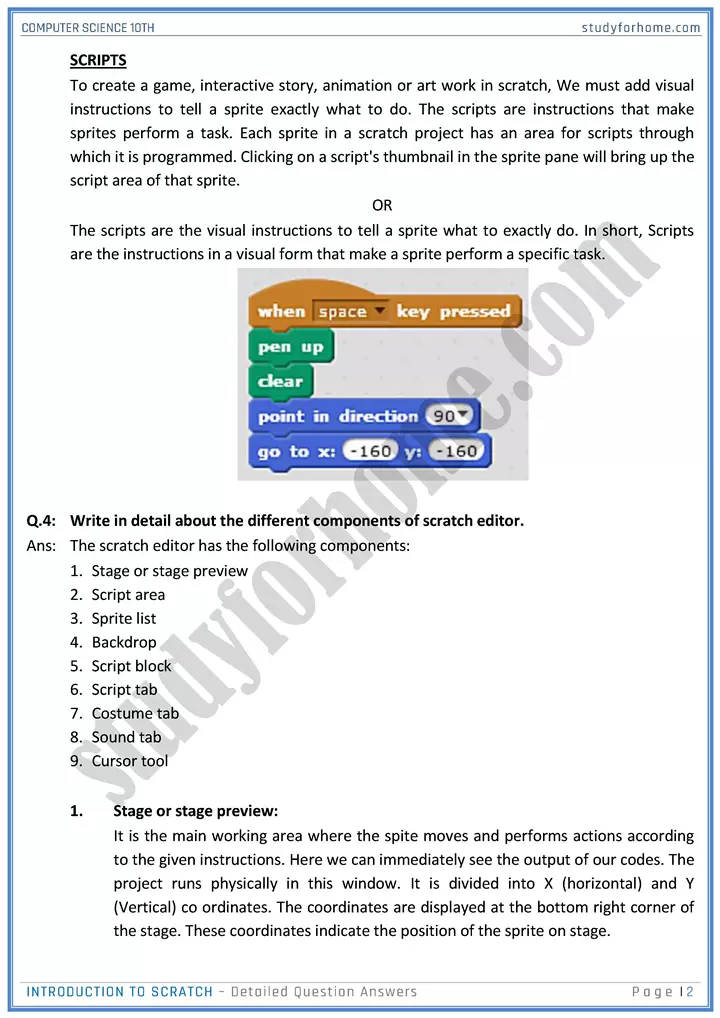 introduction to scratch detailed question answers computer science class 10th 02