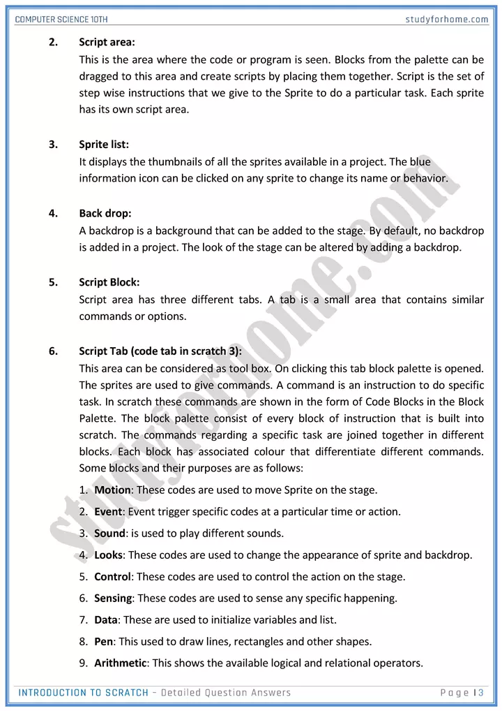 introduction to scratch detailed question answers computer science class 10th 03