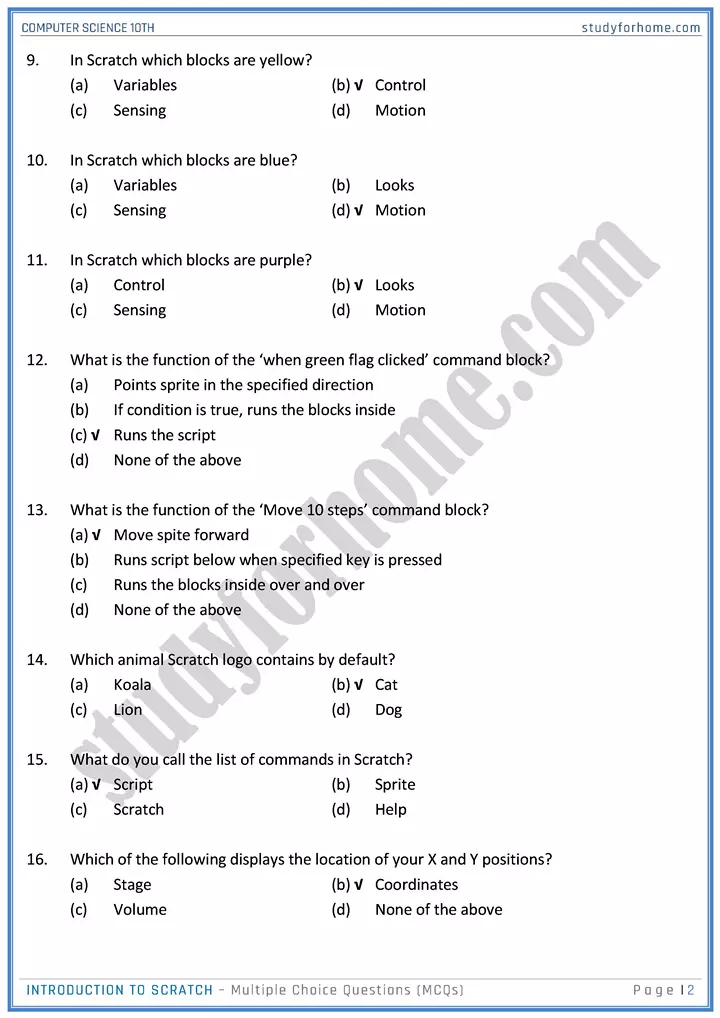 introduction to scratch multiple choice questions computer science class 10th 02