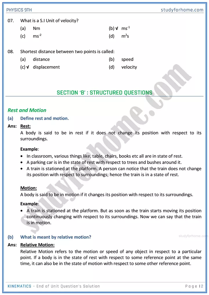 kinematics end of unit questions solution physics class 9th 02