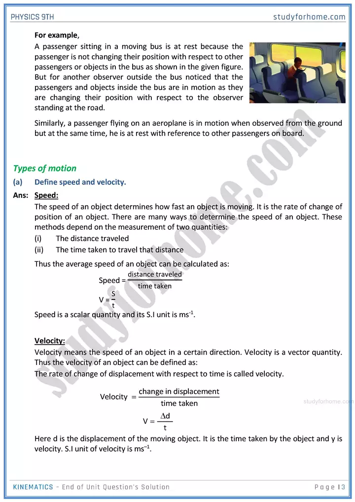 kinematics end of unit questions solution physics class 9th 03