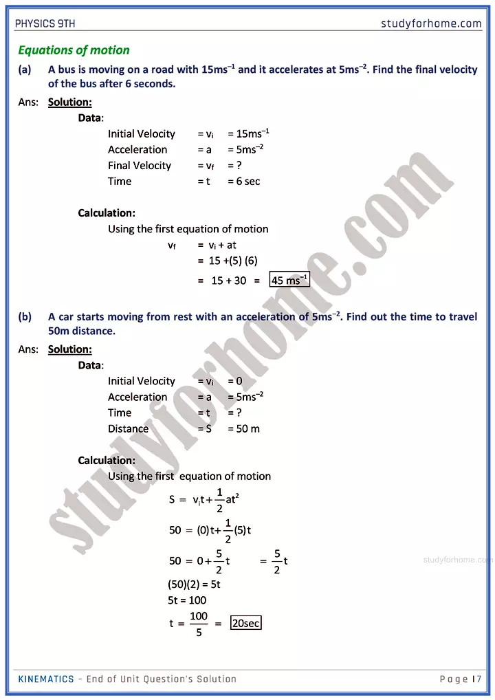 kinematics end of unit questions solution physics class 9th 07