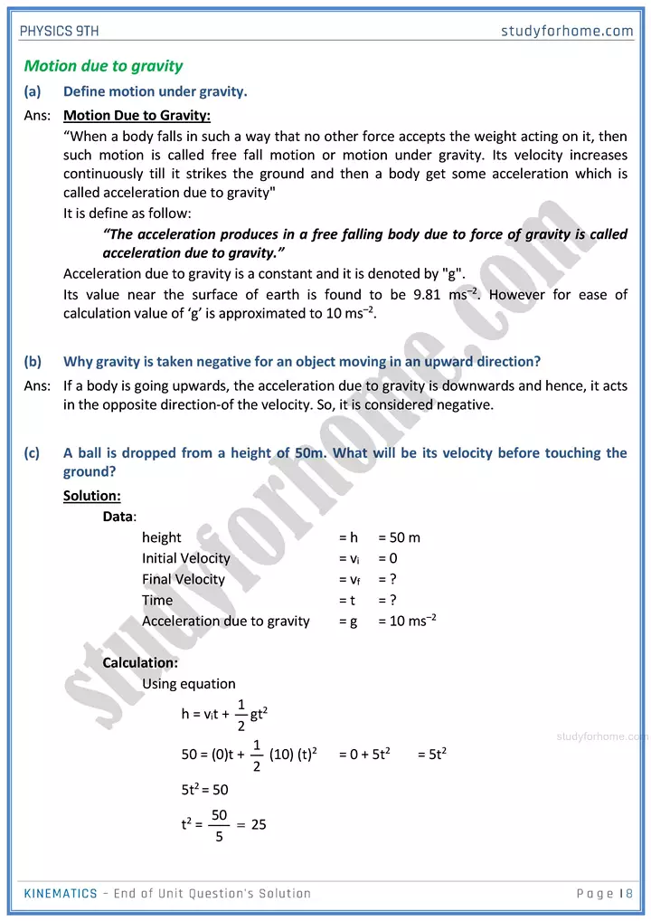 kinematics end of unit questions solution physics class 9th 08