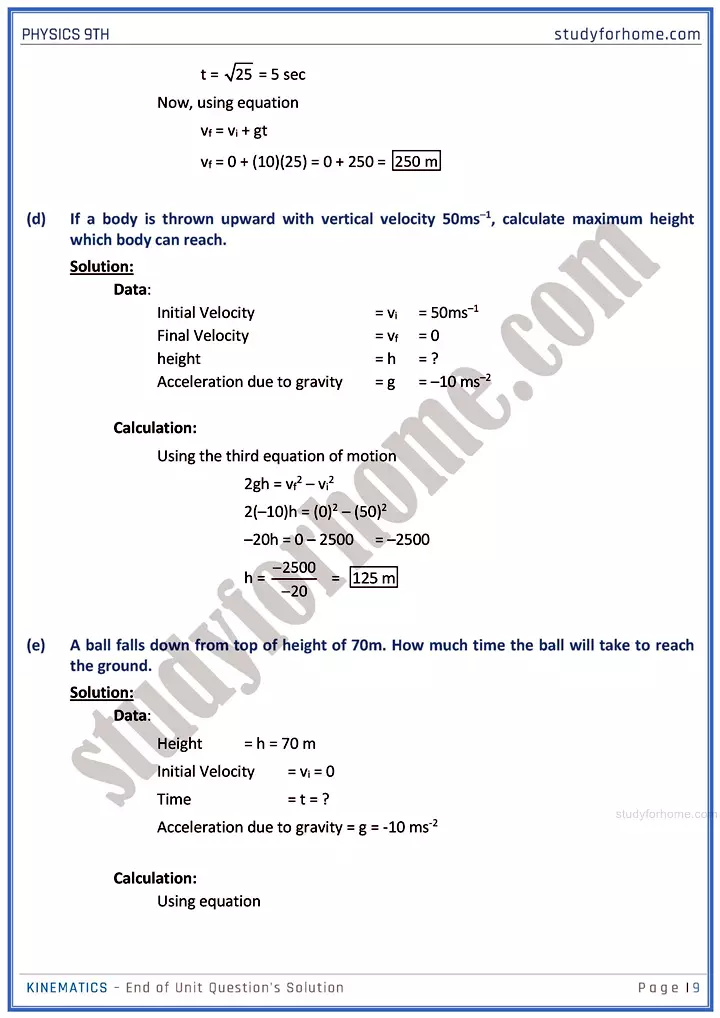 kinematics end of unit questions solution physics class 9th 09