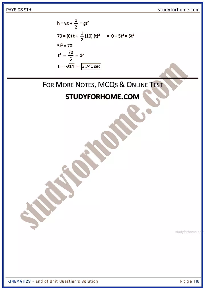 kinematics end of unit questions solution physics class 9th 10