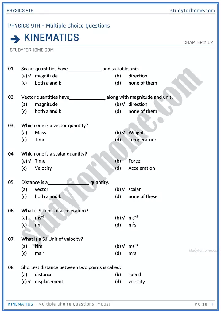 kinematics multiple choice questions physics class 9th 01