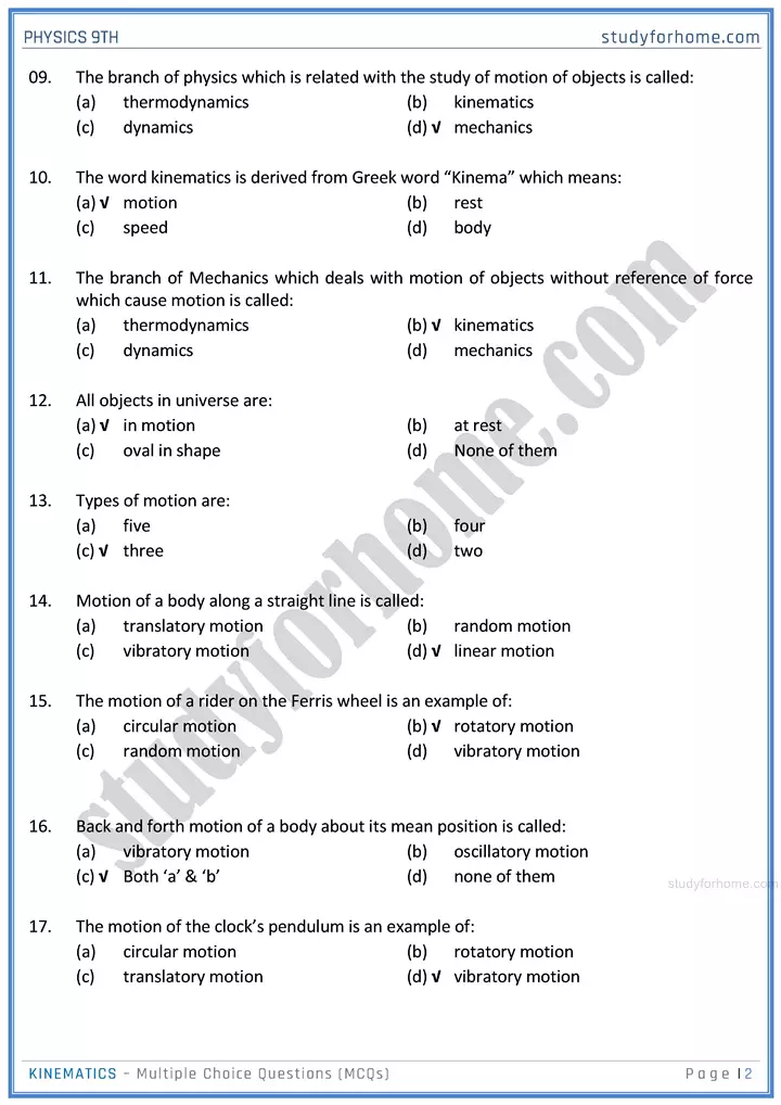 kinematics multiple choice questions physics class 9th 02