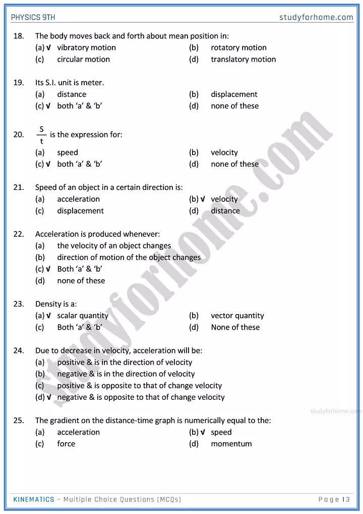 kinematics multiple choice questions physics class 9th 03