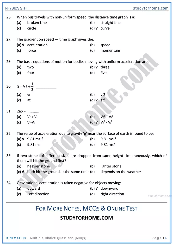 kinematics multiple choice questions physics class 9th 04