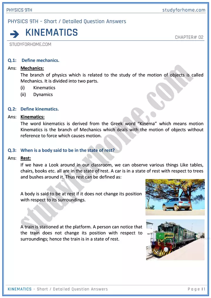 kinematics short and detailed answer questions physics class 9th 01