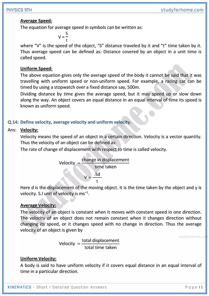 kinematics short and detailed answer questions physics class 9th 06