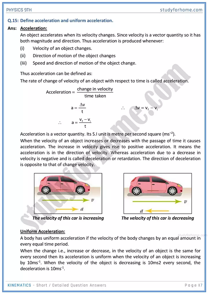 kinematics short and detailed answer questions physics class 9th 07