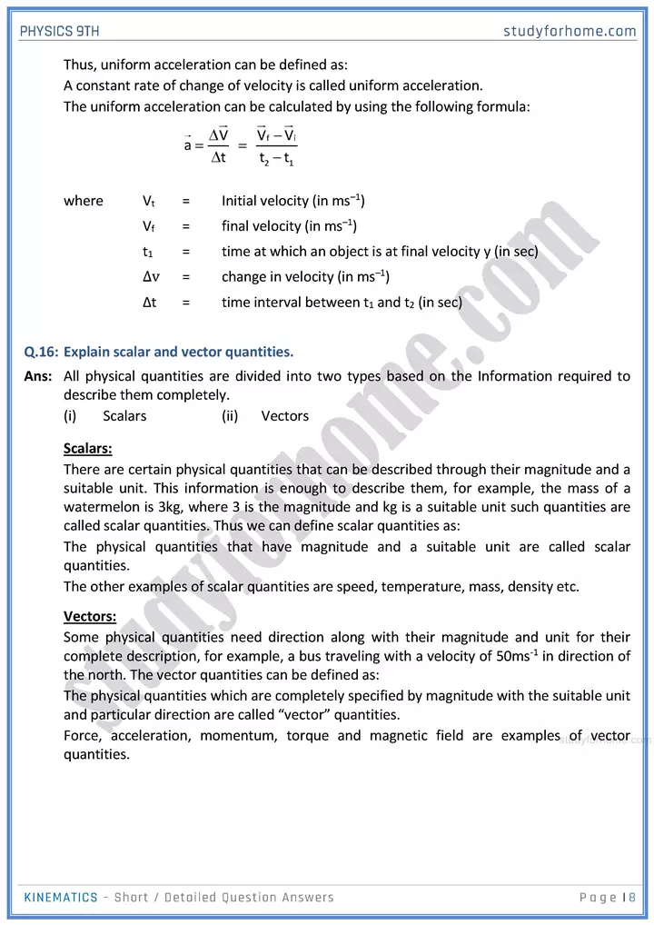 kinematics short and detailed answer questions physics class 9th 08