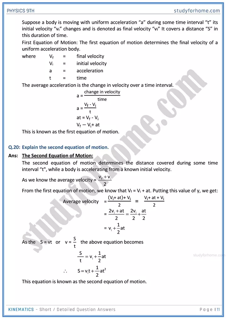 kinematics short and detailed answer questions physics class 9th 11