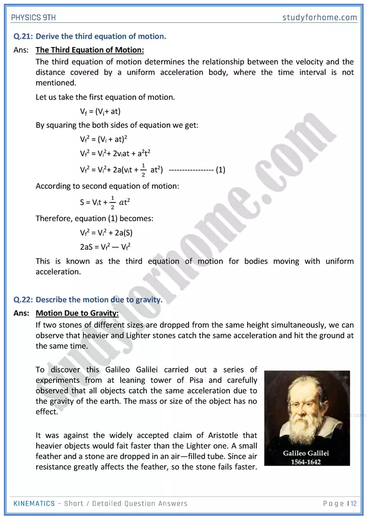 kinematics short and detailed answer questions physics class 9th 12