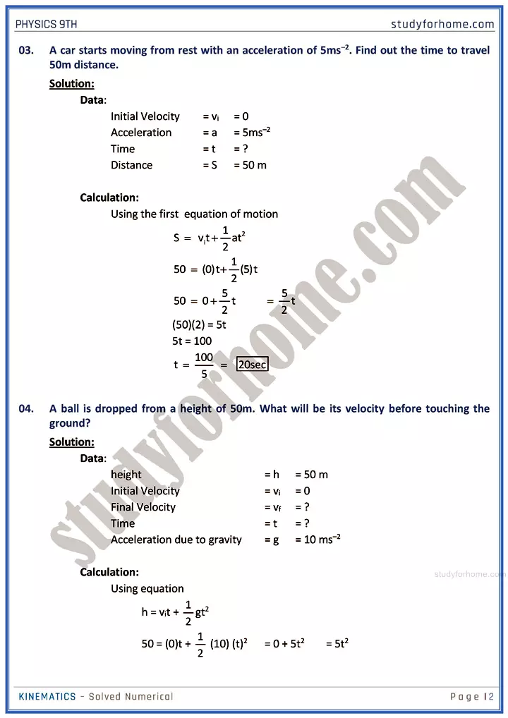 kinematics solved numerical physics class 9th 02