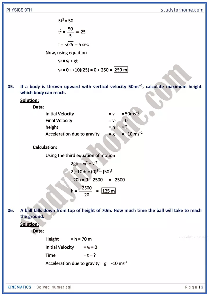 kinematics solved numerical physics class 9th 03