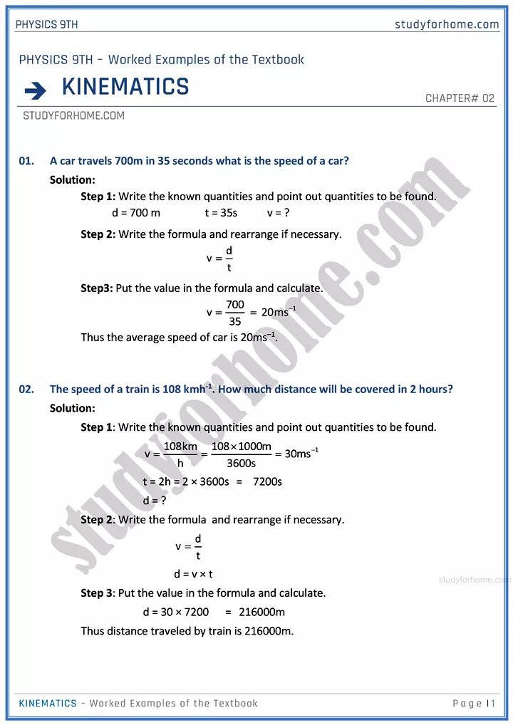 kinematics worked examples of the textbook physics class 9th 01