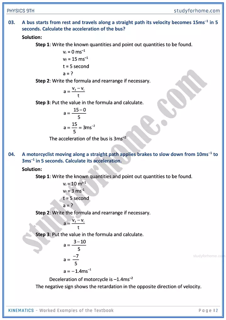 kinematics worked examples of the textbook physics class 9th 02