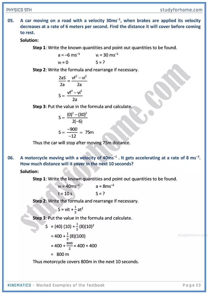 kinematics worked examples of the textbook physics class 9th 03