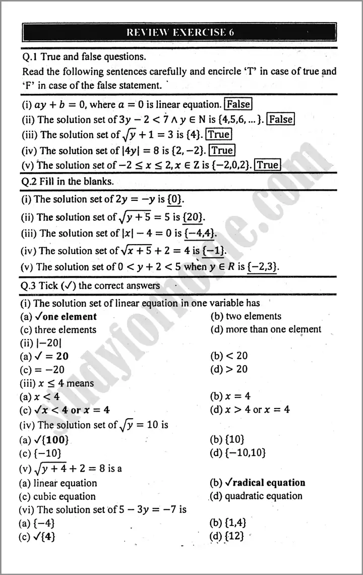 linear equation and inequalities review exercise 6 mathematics class 9th 01