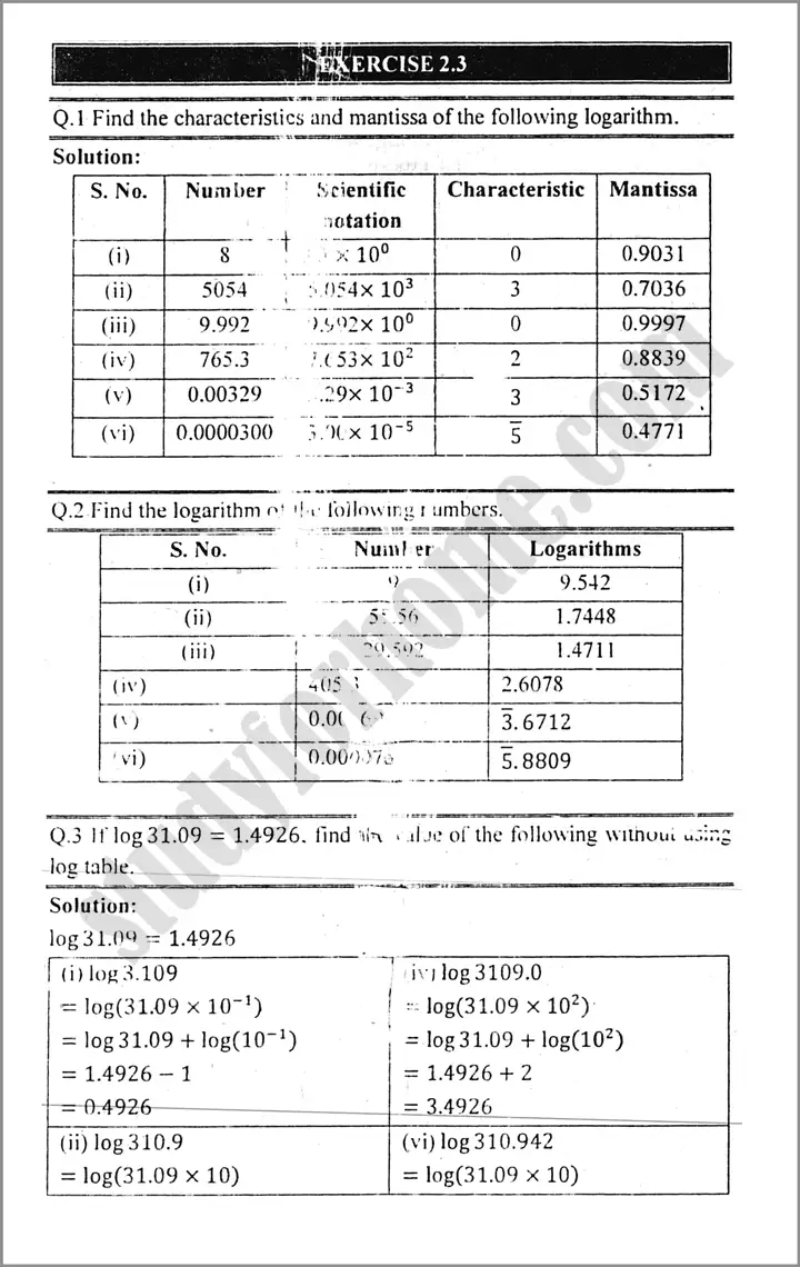 logarithms exercise 2 3 mathematics class 9th 01