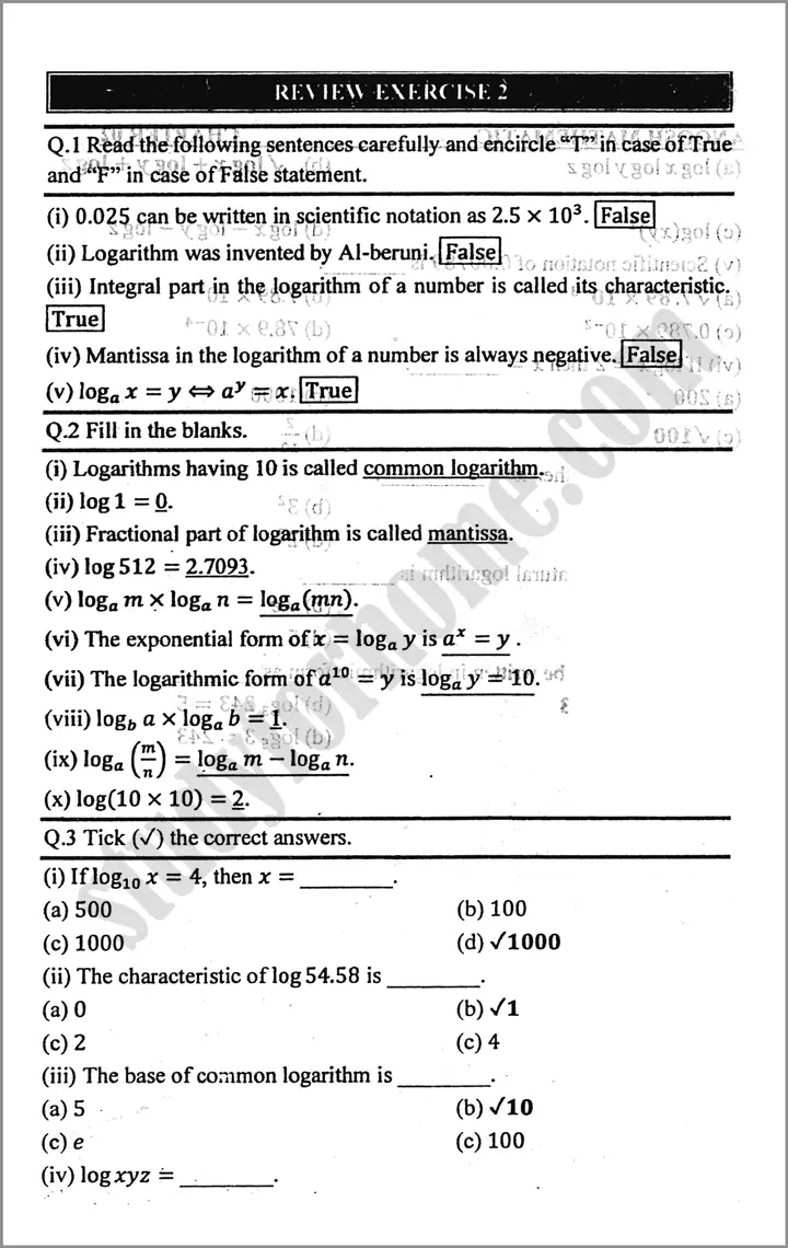 logarithms review exercise 2 mathematics class 9th 01