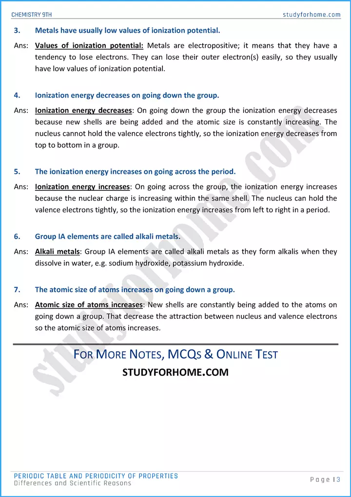 periodic table and periodicity of properties differences and scientific reasons chemistry class 9th 03