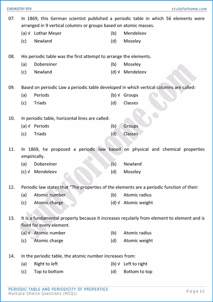 periodic table and periodicity of properties multiple choice questions chemistry class 9th 02