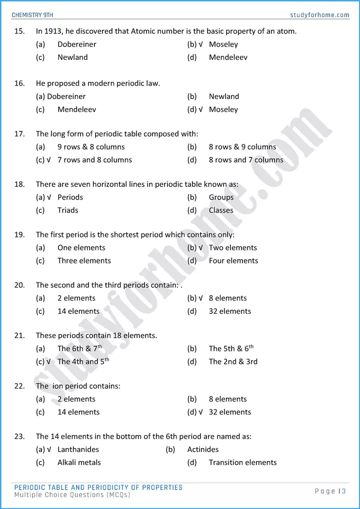 periodic table and periodicity of properties multiple choice questions chemistry class 9th 03