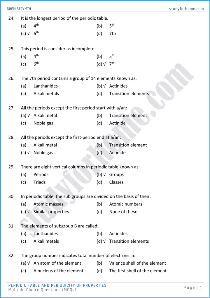 periodic table and periodicity of properties multiple choice questions chemistry class 9th 04