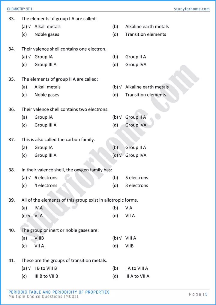 periodic table and periodicity of properties multiple choice questions chemistry class 9th 05